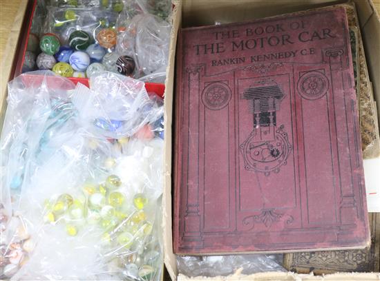 A collection of mixed ephemera, motor book, etc.  A collection of marbles